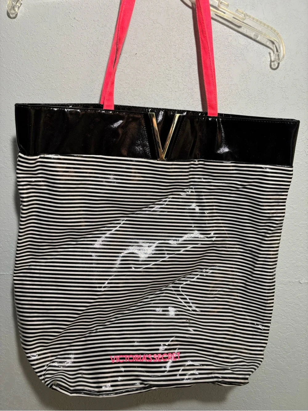 Victoria's Secret Black & White Striped Tote with Pink Handles